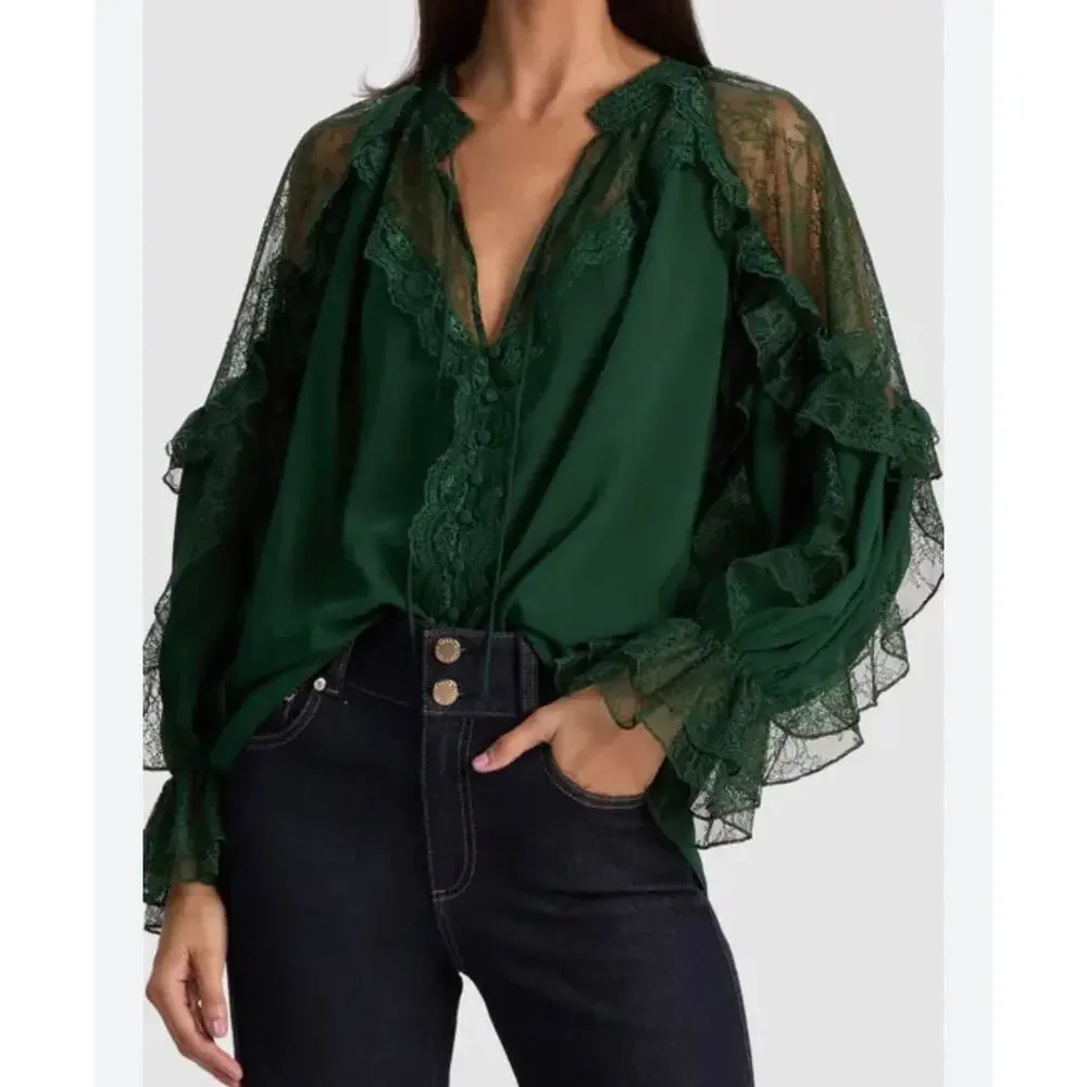 Alice + Olivia Aleena Lace Ruffled Blouse Green Mystique XS - Picture 1 of 10